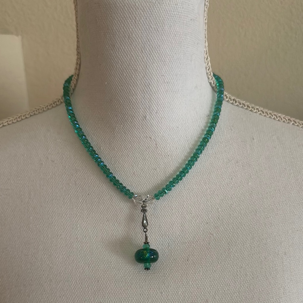 Unique Green Beaded Necklace with Glass Pendant